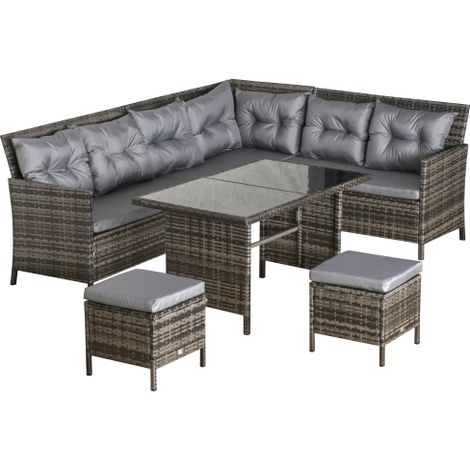 8-Seater Outdoor Rattan Sofa Set with Cushioned Dining Chairs, Wicker Coffee Table and Footstool in Grey