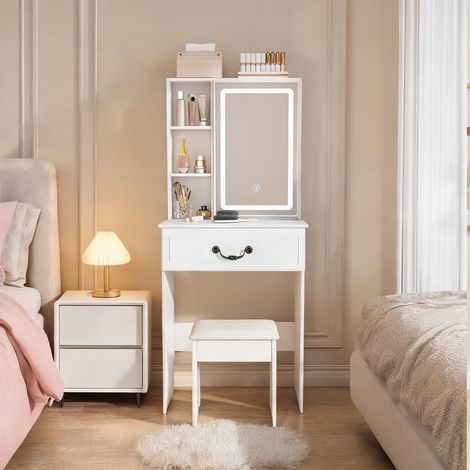 Coiffeuse blanche avec miroir LED dimmable et tabouret matelassé (1/5)