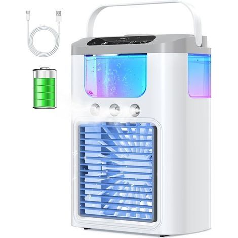 Mini climatiseur portable avec batterie 1200 mAh, réservoir d'eau de 600 ml, ventilateur et veilleuse 7 couleurs, 3 modes de brumisation, rechargeable. (1/5)