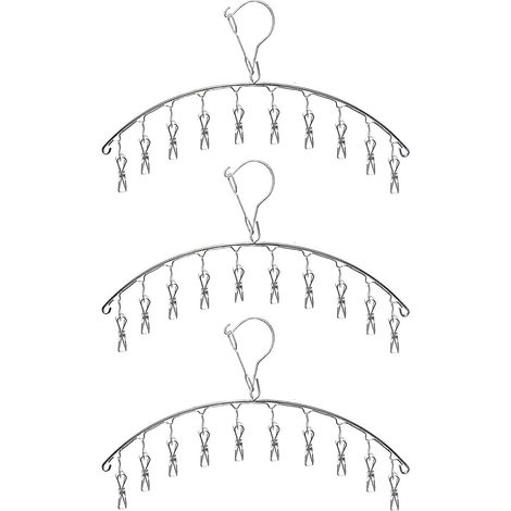 Lot de 3 étendoirs à linge en acier inoxydable avec 10 pinces pour sécher chaussettes, serviettes, couches, soutiens-gorge, vêtements de bébé, sous-vêtements, gants. (1/5)