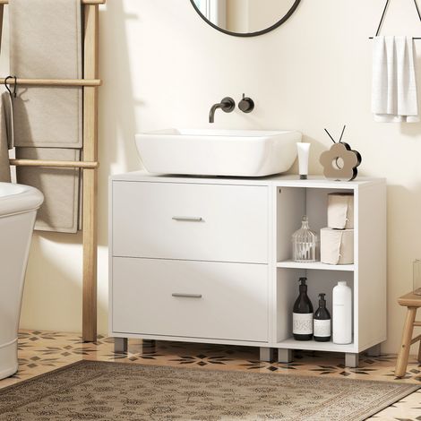 Mobile Sottolavabo Bagno con 2 Cassetti e Ripiani Aperti, in Legno, 90x30x60 cm, Bianco