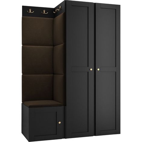 Meuble d'entrée Hartford 379, Noir, 186x116x46cm, MDF, Stratifié, Tissu, Murale, À poser