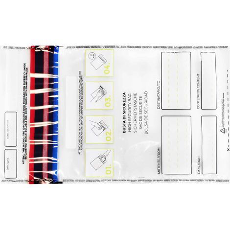 Busta di massima sicurezza con codice numerico/barcode e nastro VOID - Numero Pezzi: 100 buste - Packaging: 120×200+30 mm