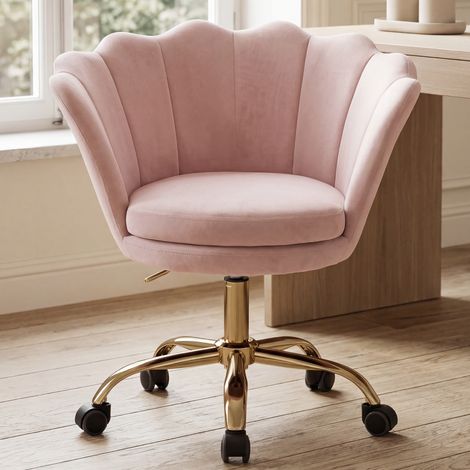 Wahson Bürostuhl höhenverstellbar Weicher Samtbezug, Blütenform Goldener Sockel höhenverstellbar mit Rollen ideal für Schminktisch& Schlafzimmer, Hellrosa (1/5)