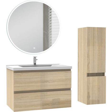 Ocean Ensemble de Meuble salle de bain 79cm + miroir led rond + colonne 110cm, Chêne Haut Brillant