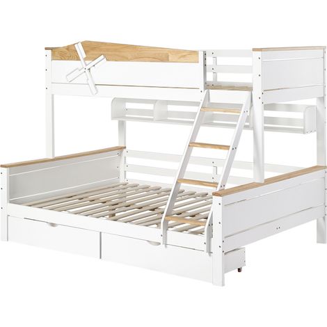 Letto a castello bambini con mulino, scaffali e cassetti, pino/MDF, bianco naturale, 90x200+140x200 (1/5)