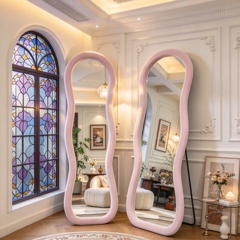 VASIEN – Miroir pleine longueur forme ondulée 160x50 cm rose, Miroir sur pied Autoportant,Montage au sol ou mural,cadre rembourré velours,Verre trempé HD,miroir d’art déco pour chambre salon dressing