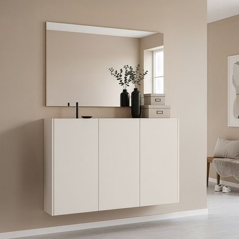 Garderobenset 2-teilig in Beige mit Eiche mit Spiegel & Schuhschrank, Modern, LAPUA-01 (1/5)