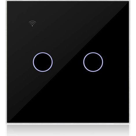 Interrupteur Connecté WIFI Noir 2 Gang 1 Voies Compatible avec Alexa, Interrupteur Tactile Mural WiFi Double Gang Contrôle de Tuya/Smart Life APP, Neutre/sans Neutre Disponible (1/5)