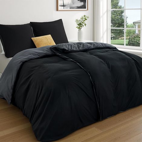 Housse de Couette 135x200 cm, Douce Et Légère, Séchage Rapide, Design Réversible, Fermeture Éclair,Oeko-TEX – Parure de Lit Noir/Gris, 2 Housses de Couette + 2 Taies d’Oreiller 80x80 (1/5)