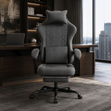 Silla gaming de oficina FloraGrace, 58,5 x 63 x 120,5 cm, tela gris oscuro, reclinable (1/5)