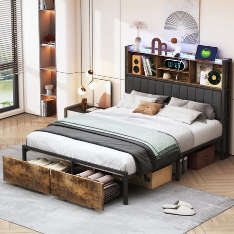 Lit rembourré 160x200 cm,Cadre de Lit en Métal avec Tête de lit Rangement,LED et USB,2 tiroirs,Lit Double,Lit Adolescent,Marron noir (1/5)