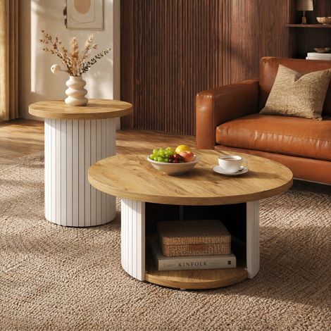 Table basse gigogne ronde 75x75x50+45x45x35 cm naturel, rangement, MDF, lot de 2 MEUBLIV (1/5)
