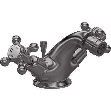Hudson Reed Topaz Dome Collar Bidet Mixer Tap with Waste Crosshead Handle - White/Brushed Pewter (1/2)