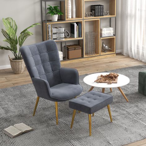 Fauteuil avec repose-pieds, fauteuil lounge capitonné à haut dossier, pieds en acier doré et revêtement en velours gris foncé (1/5)