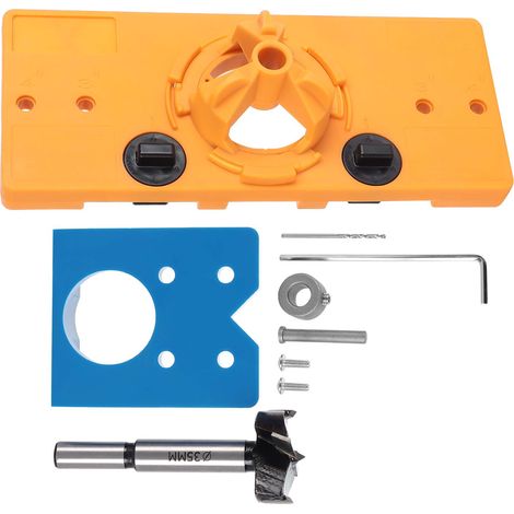 Foret à bois 35mm, gabarit de perçage pour charnières, plaque de positionnement bleue, outil de menuiserie précis, accessoire de perçage et centrage, compatible avec défonceuse et perceuse. (1/5)