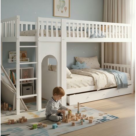 Lit superposé enfant 90x200 échelle droite blanc OKMYHOME (1/5)