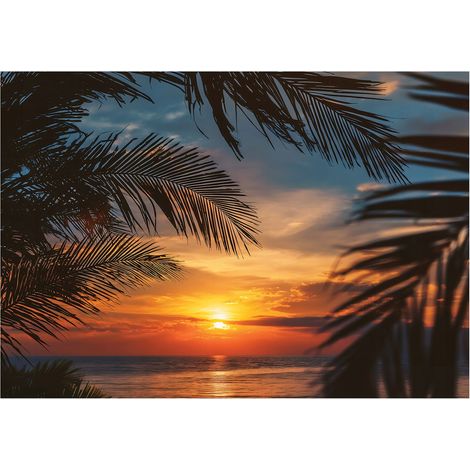 Papier peint mural plage palmiers 3D nature intissé grand format design intérieur salon chambre pas cher 250x175 cm (1/5)