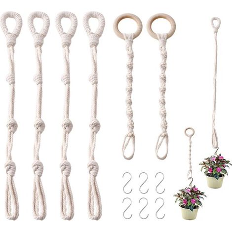 18. Set di 6 cestini per piante sospesi, con corda di estensione in cotone intrecciata a mano, stile bohémien con ganci. (1/5)