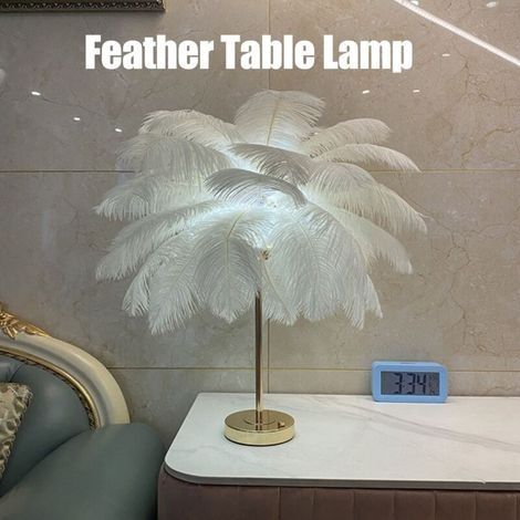 Tischleuchte aus Straußenfedern – Lampenschirm 40 cm – Höhe 50 cm – Wiederaufladbare LED-Beleuchtung – Warmes und neutrales Licht (1/4)