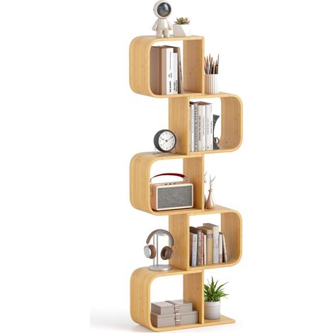 COSTWAY Libreria a 5 Cubi Forma di S, Libreria Bassa Scaffale in Bamboo, Libreria Design Moderna Salvaspazio Piccola da Terra, per Soggiorno, Studio e Ufficio, 61 x 23 x 166 cm, Naturale (5 Livelli) (1/5)