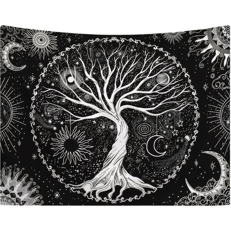 Arbre de Vie, 150x130cm Noir Blanc Lune, Murale Psychédélique, Tenture Murale Noire,pour Chambre à Coucher Salon Décoration Murale (1/5)