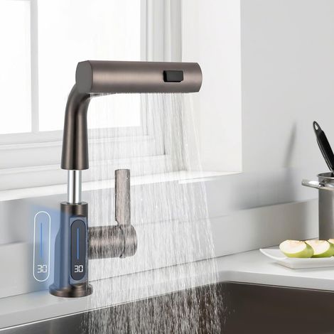 Robinet avec affichage de température LED, robinet rétractable avec boule de gravité, affichage numérique pour la cuisine, la salle de bains ou les toilettes (gris) (1/5)