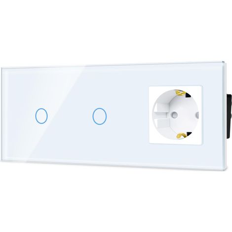Interrupteur normal avec prise - Prise standard UE - 1 compartiment - Encastré avec double interrupteur tactile - Vitre en verre - 86 x 228 mm - Blanc (1/5)