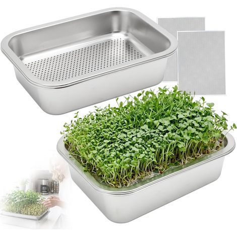 Set of 2 Stainless Steel Germination Trays 2 in 1 26 x 19 cm with Fine Strainer and Tray for Germs Watercress Microgreens Wheat Grass Reusable Anti-Rust Dishwasher (1/5)
