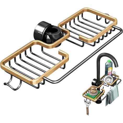 Porte-éponge de robinet, porte-savon, brosse d'évier, égouttoir, organisateur en aluminium pour cuisine et salle de bains avec crochet, argent (1/5)