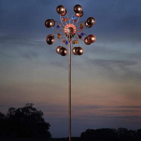 Girouette de jardin en métal bronze – Boule en verre craquelé lumineux – Hauteur 1.3m, diamètre 38cm – Module solaire LED RGB – Garden Mile