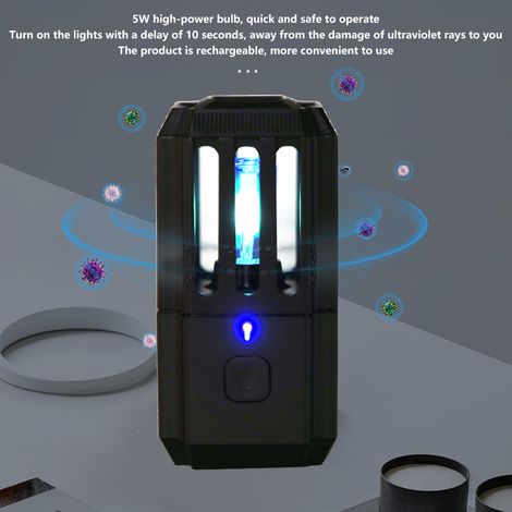 Lampe UV portable en ABS noir, batterie intégrée rechargeable 5 W DC 5 V 2 A avec câble USB (1/4)
