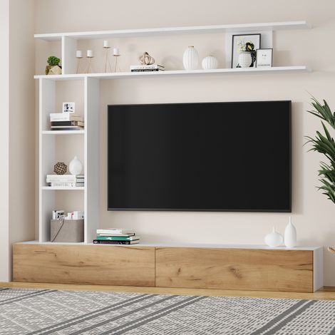 Meuble TV rangement mural 180 cm 2 portes blanc bois OKMYHOME (1/5)