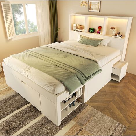 Cama dormitorio con almacenaje LED y mesita móvil OKMYHOME (1/5)
