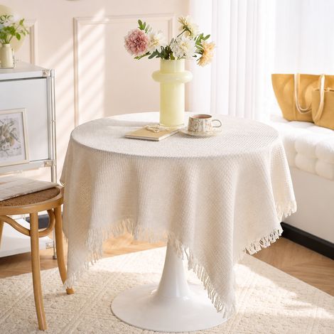 Nappe de Table Coton et Lin Tissage Uni Beige 130x180 cm Pompons Inclus 30 × 30 × 30 cm 1 kg – Livraison gratuite