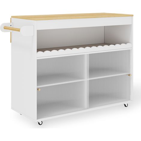 Desserte de cuisine pliante Modenuit avec plan de travail en placage chêne, portes coulissantes en verre trempé, étagères réglables et porte-serviettes en bois (1/5)