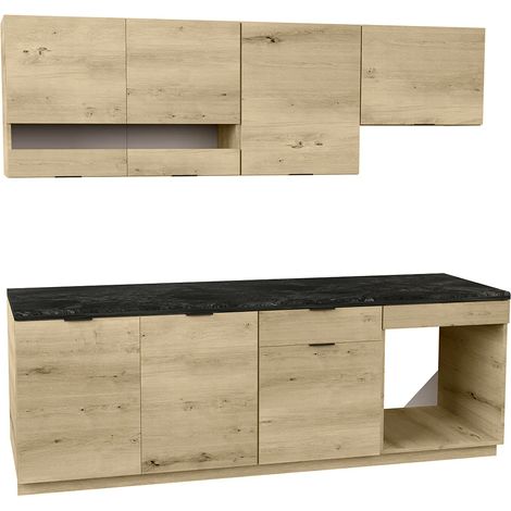 Cucina completa 200 cm 6 elementi portaoggetti Naturale e Antracite - CARMEO