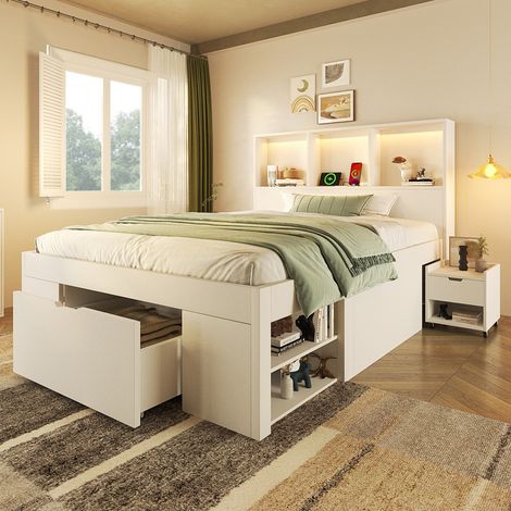 Lit simple fonctionnel 90x200cm blanc bois, rangements, table de chevet amovible, LED et port USB-C, pour junior (sans Matelas) (1/5)