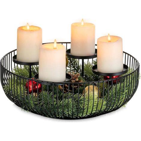 Kransstandaard - Support Pour Couronne De Table - Porte-Bougie Avec Coupelle - Compatible Advent Et Noël - Noir - Diamètre 30 Cm - Hauteur 10 Cm - 4 Emplacements Pour Bougies (1/5)