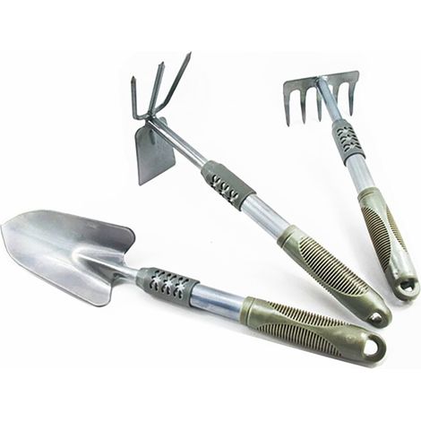 Kit de 3 outils de jardinage : pelle à planter, houe et râteau, lot de pelles de jardin (1/5)