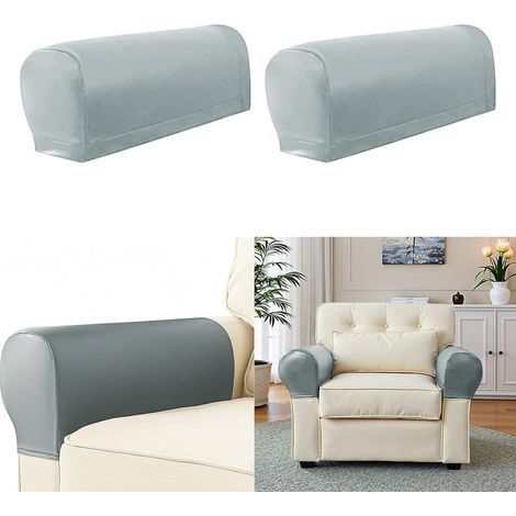1 paire de housses extensibles pour accoudoirs en polyester, gris clair, adaptées à la plupart des canapés, idéales pour protéger les accoudoirs contre les taches et l'usure (1/5)