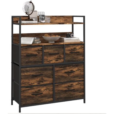 royaluxe -Meuble de rangement commode 7 tiroirs en tissu pliables et amovibles étagères ouvertes. brun rustique (1/5)