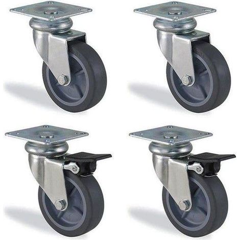 Lot Roulettes Pivotante Et Pivotante À Frein Caoutchouc Gris Diamètre 75mm Charge 180kg