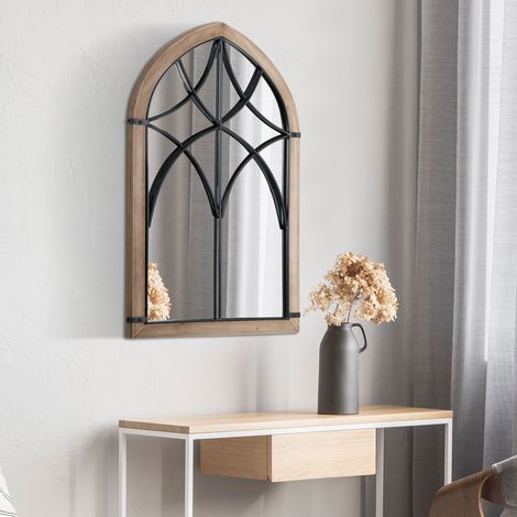 Miroir mural arqué aux détails modernes et doté de crochets. En bois et verre. 60 x 93 cm. Marron et noir.