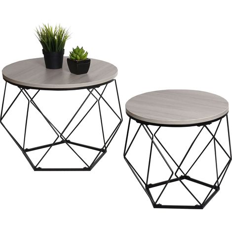 Ensemble de tables basses HWC-L37 - table basse table d'appoint table de salon - métal bois - aspect chêne gris (1/5)