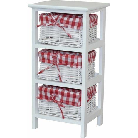 Estantería independiente de 3 estantes estilo vintage en madera maciza blanca con 3 cestas de almacenamiento de mimbre MED05143
