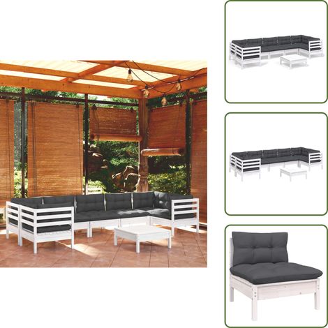 8-tlg. Garten-Lounge-Set mit Kissen Weiß Kiefernholz - Garten Lounge Set - Kiefernholz Möbel - Outdoor Furniture - Loungesessel - Gartengeräte (1/5)