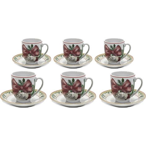 Servizio di Tazzine da Caffè con piattino completo per 6 Persone Natalizio Festa in Porcellana ghirlanda fiocco rosso agrifoglio pigne palline In Scatola Regalo