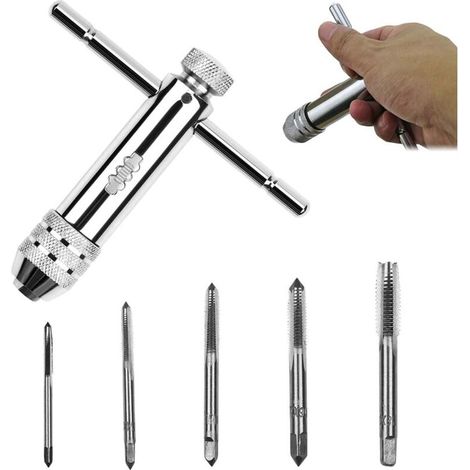 One-handed ratchet wrench, thread cutting tool set, ratchet socket wrench with T-handle, adjustable thread cutting tool set with 5pcs M3 M4 M5 M6 M8 machine screws with 3mm-8mm thread