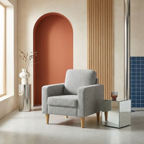 Fauteuil bois d'hévéa et tissu chenille gris clair - Bjorn (1/5)